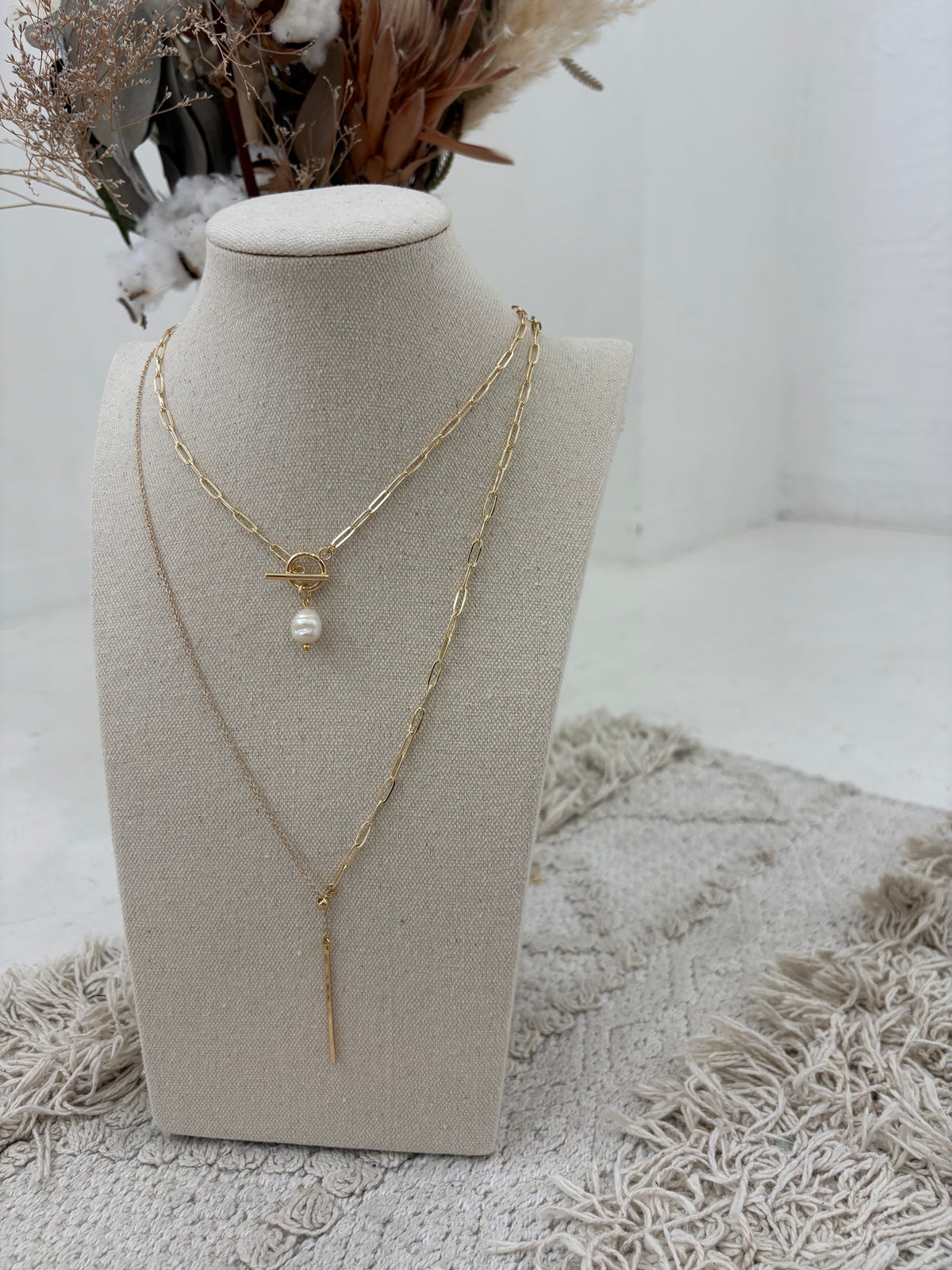 〈un peu rebond〉square chain slideball/pearl necklace