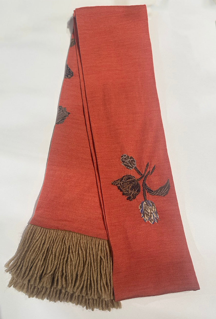 SOCK KNIT MUFFLER WITH FRINGE / BOUQUET TULIP / CORAL(フリンジ付)
