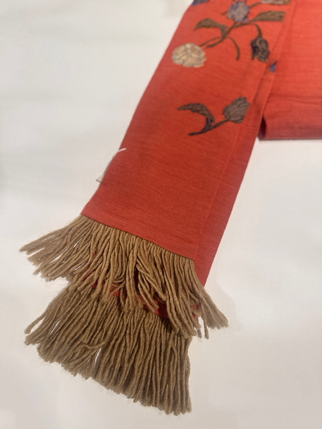 SOCK KNIT MUFFLER WITH FRINGE / BOUQUET TULIP / CORAL(フリンジ付)