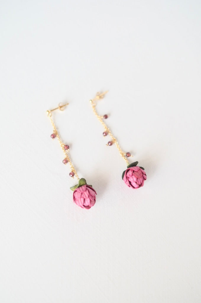 革の花蕾 Bouton chain×stone ピアス/イヤリング