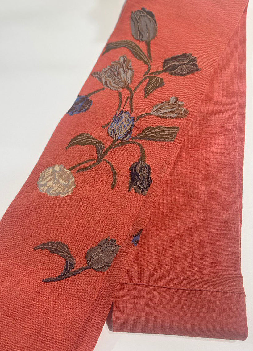 SOCK KNIT MUFFLER WITH FRINGE / BOUQUET TULIP / CORAL(フリンジ付)